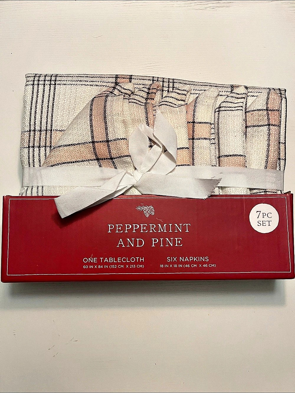 Peppermint and Pine 7PC Set Tablecloth and Six Napkins Plaid Table Linens Set